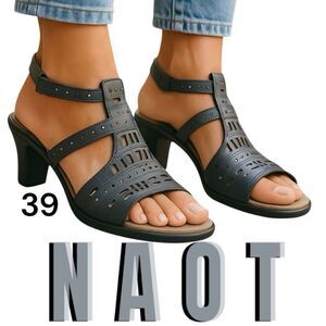 Naot Women's Leather Rivet Vogue Strappy Heels Brushed Metallic Black/Grey Sz 39